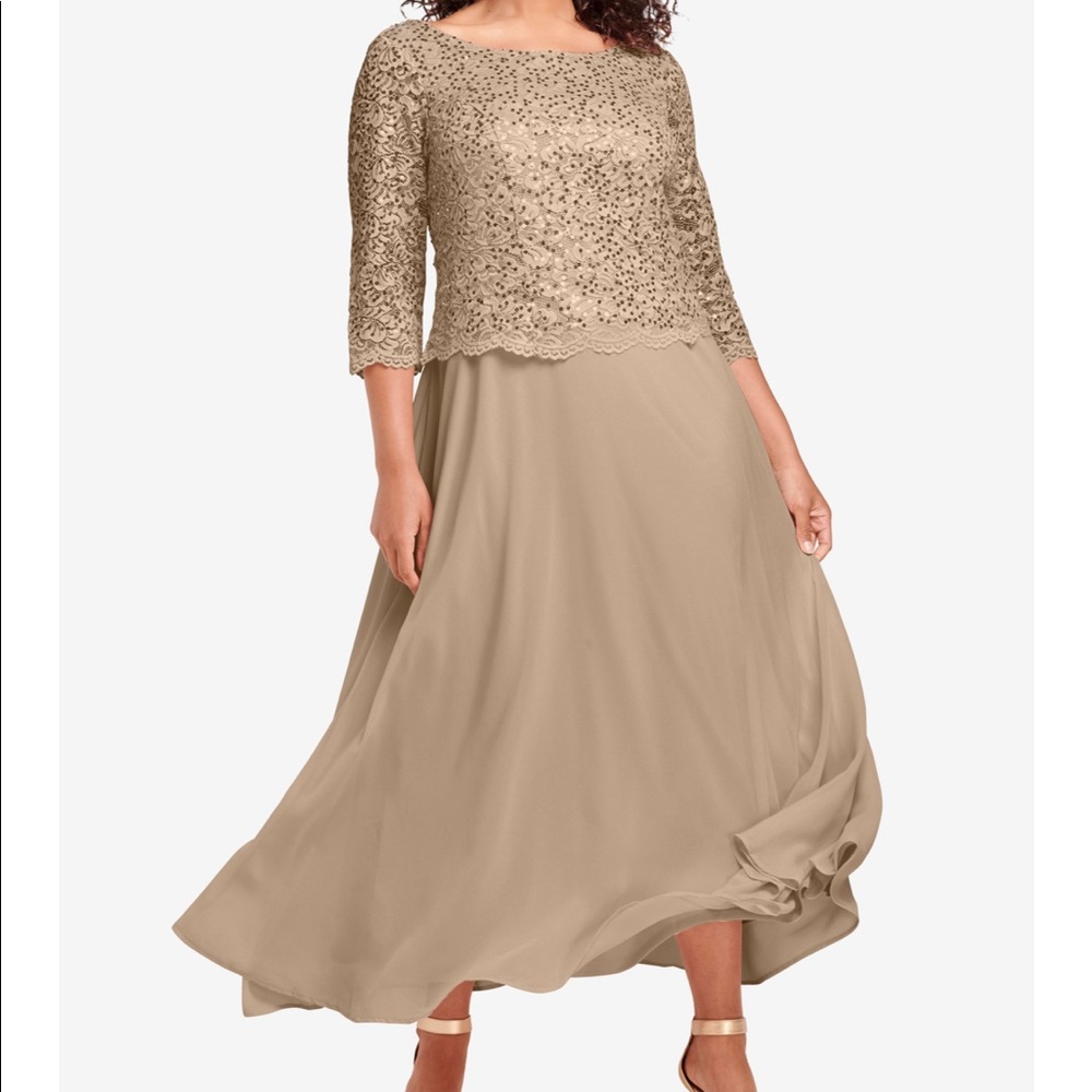 NWT Roaman’s Champagne Tan Sequin Lace Floor Length Dress Size 28W
